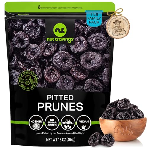 NUT CRAVINGS Dry Fruits - Dried Prunes Pitted Unsweetened, Dry Plums No Sugar Added (16oz - 1 LB) Packed Fresh in Resealable Bag - Sweet Snack, Healthy Food, All Natural, Vegan, Kosher Certified