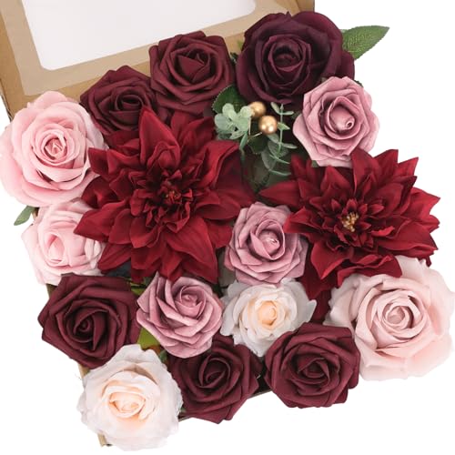 CEWOR Burgundy Artificial Flowers Red Bouquets Set for Bridal Wedding Decorations, Fake Flowers Gifts for Women, Floral Arrangements for Party Bridal Baby Shower Table Centerpieces Home Decor Indoor