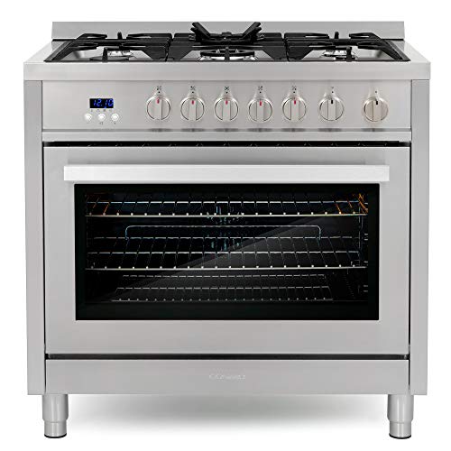 COSMO COS-965AGFC 36 in. Gas Range with 5 Burner Cooktop, 3.8 cu. ft. Capacity Rapid Convection Oven with 5 Functions, Heavy Duty Cast Iron Grates in Stainless Steel
