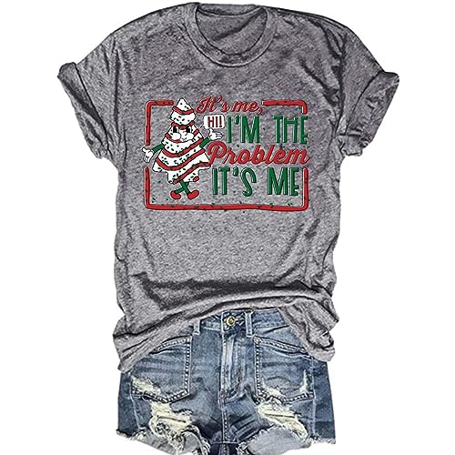 It's Me Hi I'm The Problem It's Me Christmas T-Shirts Women Funny Merry Christmas Graphic Tees Casual Gift Tops(Grey,L)