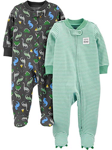 Simple Joys by Carter's Baby Boys' 2-Pack 2-Way Zip Cotton Footed Sleep and Play, Dark Grey Dinosaur/Mint Green Stripe, 6-9 Months