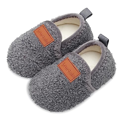 Scurtain Kids Toddler Slippers Socks Artificial Woolen Slippers for Boys Girls Baby with Non-Slip Rubber Sole 2025 Grey 3.5-4.5 Infant
