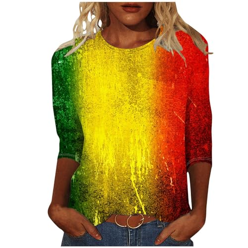Plus Size Tops for Women Lightning Deals of Today Prime Black History T Shirts for Women 3/4 Sleeve Round Neck Color Block Pullover Shirts Black African American T-Shirt Casual Tops Yellow 2X