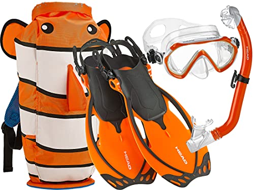 Mares Head 480315SFCLFSM Premium Youth Sea Pals Snorkel Mask and Fins Snorkeling Set with Tempered Glass Lens, Orange,Medium Size, Clown Fish, Small/9-13