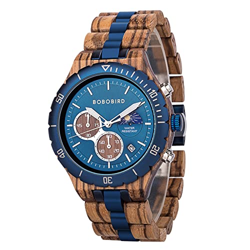 BOBO BIRD Mens Quartz Wooden Watches Stainless Steel Red Sandalwood Alloy Wood Watch for Male Classic Function Wristwatch Chronograph Luminous Hands (Blue)