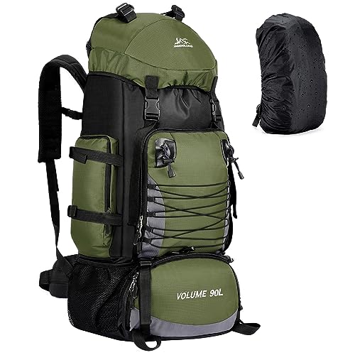 90L Hiking Backpack for Women Men, Waterproof Camping Essentials Bag with Rain Cover, 90 Liter Lightweight Backpacking Back Pack - No Frame (Army Green)
