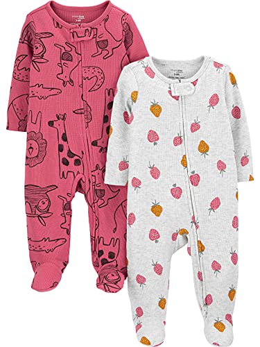 Simple Joys by Carter's Baby Girls' 2-Way Zip Thermal Footed Sleep and Play, Pack of 2, Dark Rose Forest Animals/Grey Strawberries, Newborn