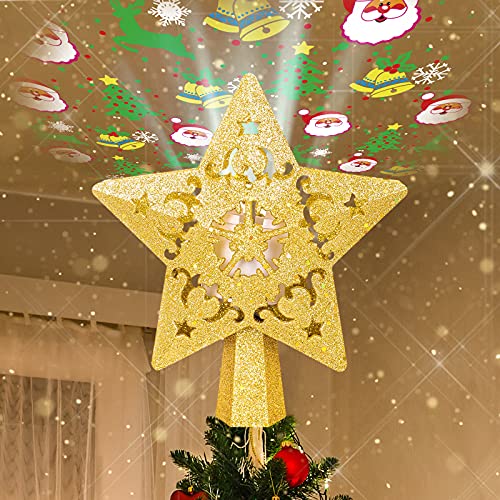 Christmas Tree Topper - Star Christmas Tree Topper Lighted with 3D Rotating Santa - LED Hollow Glitter Projector - Christmas Tree Topper for Christmas Tree Decorations (Gold)