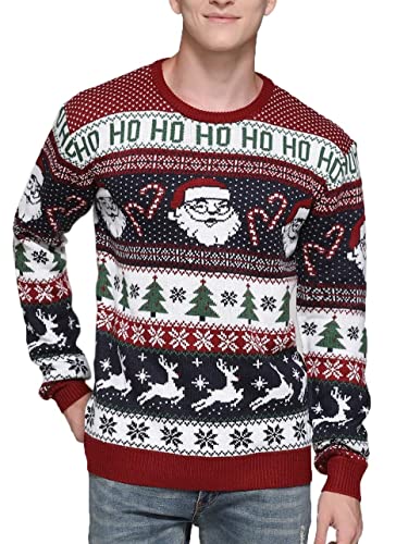 Men's Christmas Rudolph Reindeer Holiday Festive Knitted Sweater Cardigan Cute Ugly Pullover Jumper (Medium, Santa&Cane Stripe)