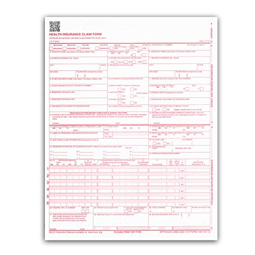 CMS 1500 / HCFA 1500 Insurance Claim Forms - Laser/Ink-Jet Compatible (New Version 02/12) Letter Size 8-12' x 11', from NextDayLabels, 500 Sheets Per Pack