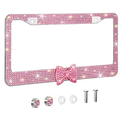 OTOSTAR 1 Pack Bling License Plate Frame with Ribbon Bow, Handcrafted Shiny Rhinestones Premium Stainless Steel 2 Holes License Plate Holder with Anti-Theft Screws Caps Set (Pink/Pink Bowtie)