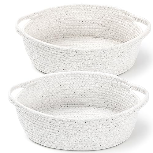 2 Pack Small Woven Basket with Gift Bags and Ribbons, Empty Decorative Gift Chest Box, Cute Baby Gift Basket for Nursery, Cotton Rope Room Shelf Storage Basket with Handles, All 12'x 8'x 5',White