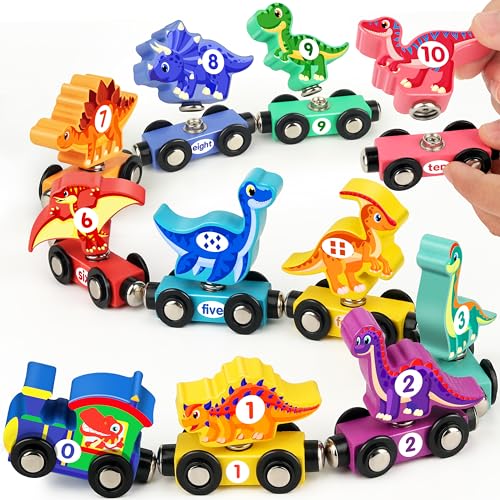 Vanmor Wooden Train Set with Dinosaur Toys, Snap-Connection Dinosaur Train, Matching and Magnetic Number Train Learning Toys, Fine Motor Skill Educational Toy Gift for 3 4 5 Years Old Kids