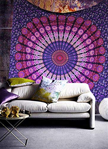 raajsee Indian Cotton Purple Tapestry Mandala Wall Hangings, Hippie Tapestries,Boho Throw Bohemian Bedding, Beach Blanket, Yoga Meditation Rugs Queen Bedspread 210x220 cms –A