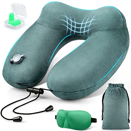 urophylla Inflatable Travel Pillow for Airplane, Inflatable Neck Pillow for Traveling with 3D Contoured Eye Masks, Adjustable Neck/Chin Support Pillow for Trains, Cars, Large (Green)