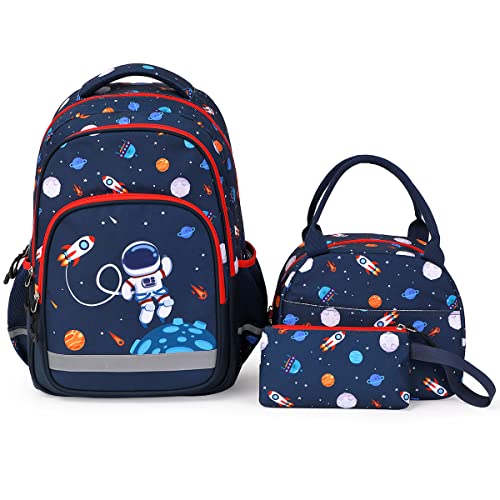 School Backpack Kids Bookbag Set-with Lunch Bag & Pencil Case Elementary Preschool Kindergarten Supplies for Boys Large Capacity Backpack Set (Blue Space set)