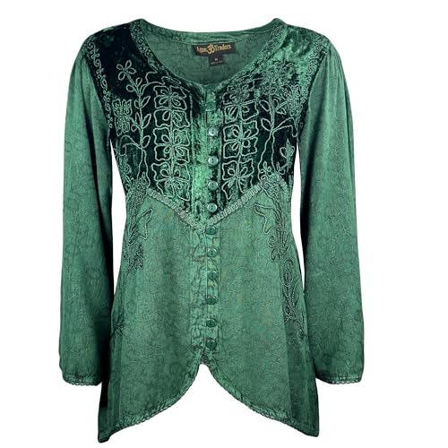 Agan Traders Exotic Velvet Trim Rayon Bohemian Tops for Women - Button Down Long/Short Sleeve Women Embroidered Blouse (601 B, Large, Green)