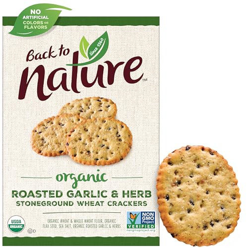 Back to Nature Organic Stoneground Wheat Crackers, Roasted Garlic & Herb - Dairy Free, Non-GMO, Made with Whole Grains & Flax Seed, Delicious & Quality Snacks, 6 Ounce​