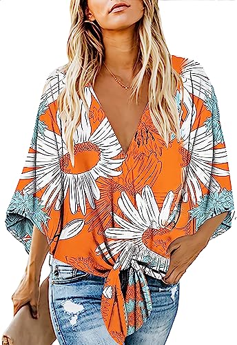 Women's Casual Floral Blouse Batwing Sleeve Loose Fitting Shirts Boho Knot Front Tops Yellow L