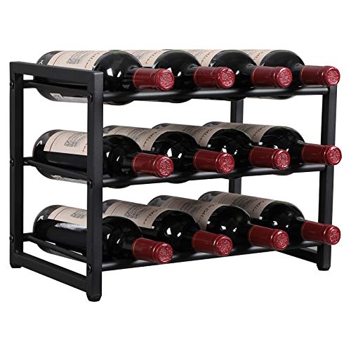 OROPY Wine Rack Countertop, 12 Bottle Wine Racks for Wine Bottles Storage Display, 3 Tier Metal Wine Holder Free Standing Floor Black