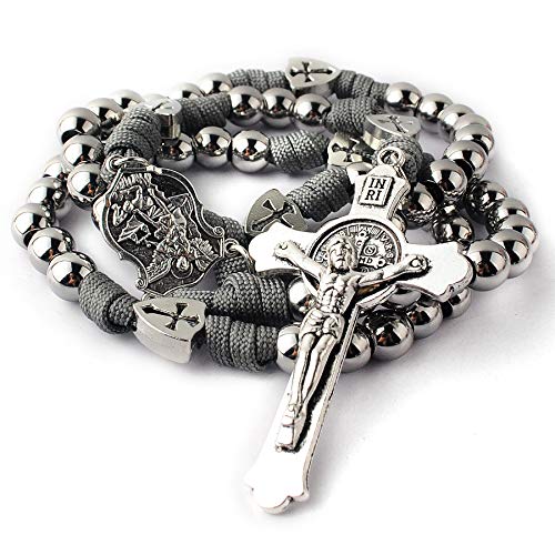 HanlinCC Large and Heavy Stainless Steel Beads Rugged Durable Paracord Rosary Necklace for Men with St.Michael Center Piece and St.Benedict Crucifix (Grey Paracord Rosary)