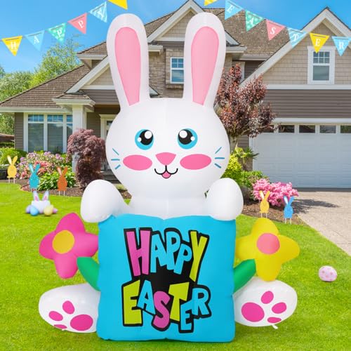 COMIN 5.2 FT Easter Inflatables Bunny Holding Pillow Outdoor Decorations Blow Up Colorful Flower with Built-in LEDs for Indoor Yard Garden Lawn Decoration