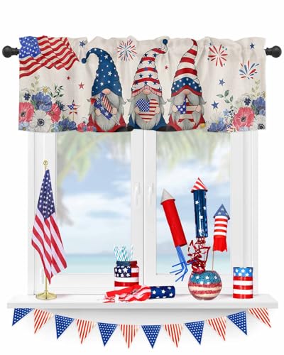 4th of July Windows Valances Curtain USA Flag Gnome Independence Day Valances Rod Pocket Poppy Patriotic Stars Window Curtain Treatment Short Topper Curtains for Kitchen Bathroom Living Room 54x18 in