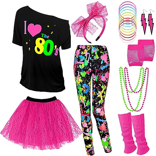 Vabean 19 Pcs 80s Costume Set T Shirt Leggings Tutu Skirt Headband Necklace Bracelets Earrings Gloves Leg Warmers for Women (Colorful Leggings,Large)