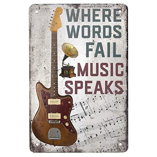 ANJOOY Vintage Metal Guitar Tin Sign - Where Words Fail Music Speaks -Musical Bar Pub Cafe Wall Kitchen Bathroo Poster Karaoke Retro Decor Art 8x12 inch