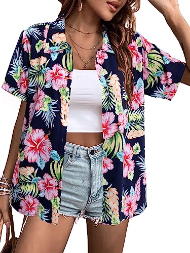 MYHALF Women Hawaiian Shirt Soft Cool Summer Hawaii Shirts Floral Tropic Print V Neck T-Shirt Short Sleeve Button Up Tops