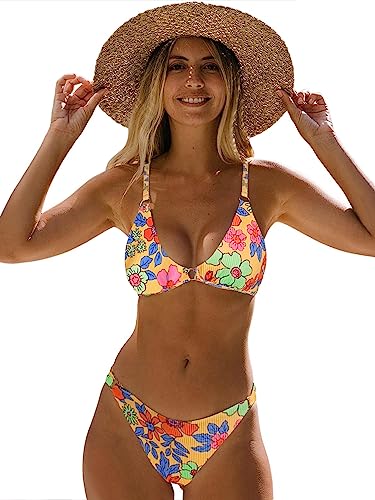 SOLY HUX Women's Floral Print Spaghetti Strap Bikini Bathing Suit 2 Piece Swimsuits Green Blue Pink M