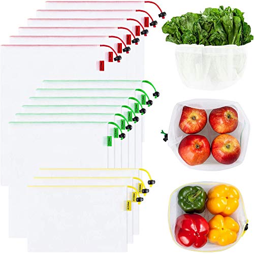 Ecowaare Set of 15 Reusable Mesh Produce Bags - Eco-Friendly - Washable and See-Through - with Colorful Tare Weight Tags - 3 Sizes