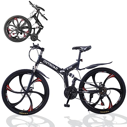 Omelaza 26 ich Folding Mountain Bike, 21 Speed Mountain Bike for Adults, Foldable Bicycle with Dual-disc Brake System, Front Suspension Folding Bicycle for Men and Women Black