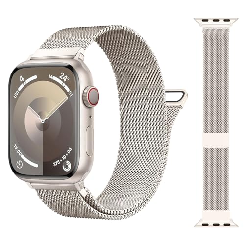Original Patented Milanese Loop Compatible with Apple Watch Band 38mm 40mm 41mm 42mm 44mm 45mm 49mm for Women Men, Magnetic Bands for iWatch Series 9 8 7 6 5 4 3 SE Ultra 2 1 (Starlight)