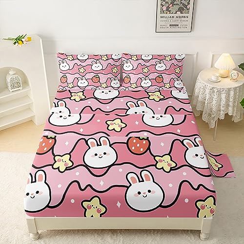 QOOMO Kawaii Rabbit Kids Sheets Queen Size,Kawaii Bunny 16' Deep Pocket Bed Sheet Set,Pink Strawberry Printed Bedroom Decor Sheet Set Soft and Breathable for Girls/Kids/Teens(Queen,Pink)