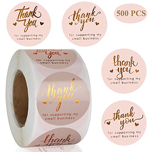 1.5'' Thank You for Supporting My Small Business Stickers 500 PCS Thank You Stickers 4 Design Font Pink Foil Rolls for Greeting Cards Flower Bouquets Self-Adhesive Labels for Gift Wraps