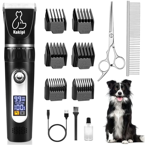 Dog Grooming Kit with LCD Display, Low Noise Dog Clippers for Grooming, Heavy Duty Dog Trimmer, Dog Grooming Supplies with Scissor, Shaver for Dogs Cats Pets, Electric Quiet Cordless