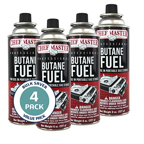 Chef Master Butane Fuel Canister 4 x 8oz. - Butane Fuel Refill for Kitchen Torch, Portable Gas Stove, Butane Camp Stove, Ideal for Picnic, Outdoor Cooking & Grilling, Camping Essentials - Model 90340