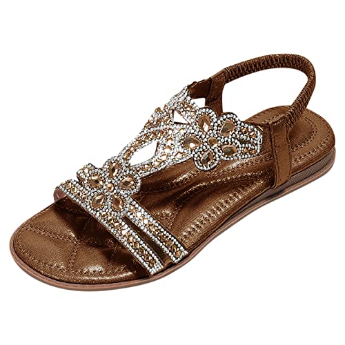 JEUROT Sandalias De Mujer De Vestir Elegantes Boho Summer Sandals for Women Floral Crystal Wedge Sandals Open Toe Slip On Beach Sandals Comfortable Walking Shoes (B-Brown, 6.5)