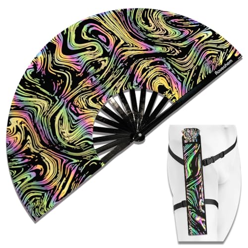 Raveahem Lridescent Holographic Large Rave Bamboo Folding Clack Hand Fan With Holster for Men/Women Handheld Fan for EDM,Music Festival,Club,Freaky,Party,Dance,Performance,Decoration,Gift