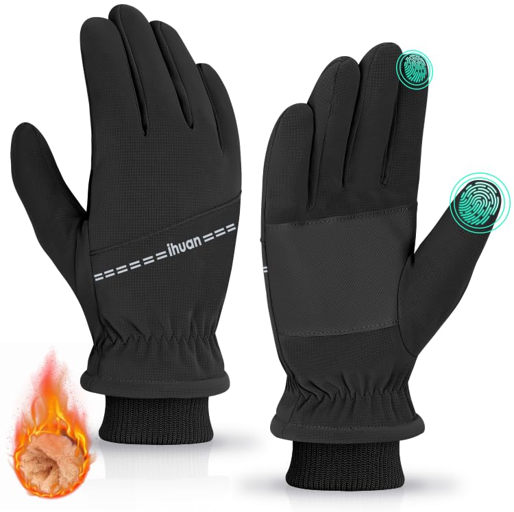 ihuan Winter Gloves for Women Men Cold Weather, Windproof Touch Screen Black Gloves, Thermal Gloves for Cycling Running Driving Gloves