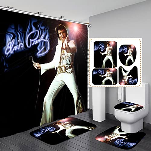 Elvis Bathroom 4 Pieces Set Shower Curtain, Toilet Lid Cover and Bath Mat, Non-Slip Rugs, Durable and Waterproof, for Bathroom Decor Set, 72' x 72'