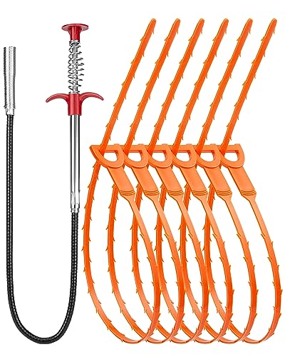 Oanie 7 Pack 25inch Drain Clog Remover Tool, Drain Cleaner Hair Clog Remover(6pcs), Drain Cleaner Sticks To Drain Hair Clog For Remover(1pcs), Sink Snake for Shower Kitchen Sink Bath Tub Bathroom(6+1)