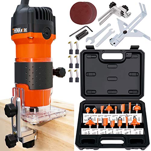 THINKWORK Compact Router, 6.5-Amp 1.25 HP Compact Wood Palm Router, Wood Trimmer with 15 pieces 1/4' Router Bits Set, 30000R/MIN