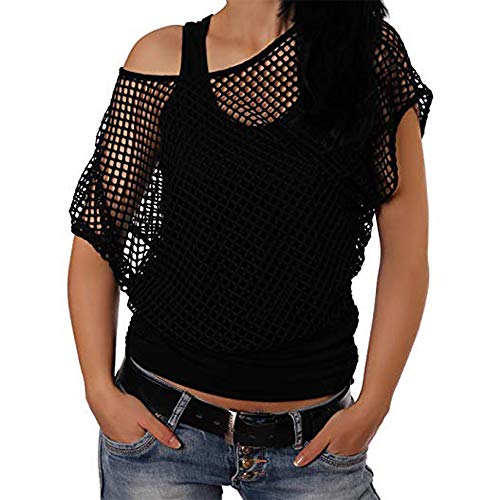 Smile Fish Women Casual Sexy 80s Costumes Fishnet Neon Off Shoulder T-Shirt (Black US 10/Tag Size L)