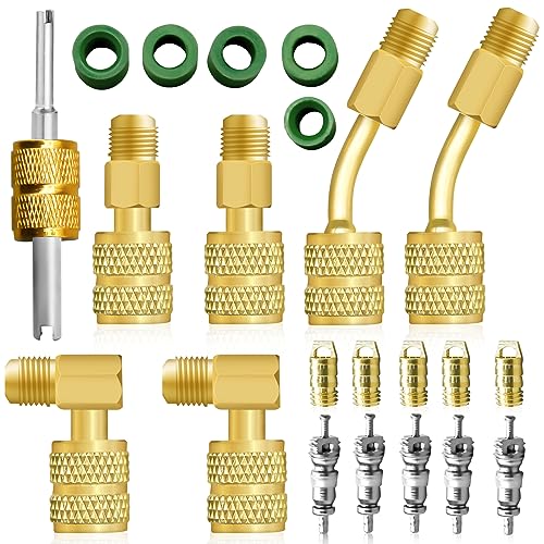 R410A Adapter Kit, Mini Split Adapter 5/16 to 1/4 Coupler R410A Refrigerant Hose Adapter Connector Valve Core Remover, Mini Split Vacuum Pump Kit 410A Refrigerant for R410A Mini Split Air Conditioner