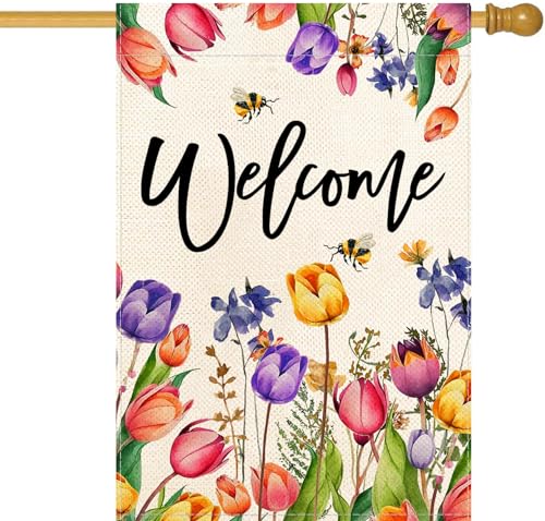 Baccessor Spring Summer Easter Tulip Welcome House Flag Double Sided Bee Colorful Floral Burlap Yard House Seasonal Farmhouse Outside Outdoor Decoration 28 x 40 Inch（large）