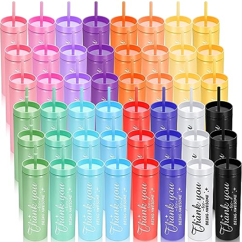 Thank You Teacher Gifts Employee Appreciation Gifts Graduation Gift 16 oz Inspirational Skinny Tumblers Bulk with Lid and Straw for Nurse Teacher Coworker Women Staff Team(Bright Color, 48 Set)