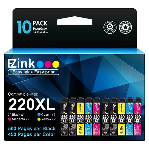 E-Z Ink (TM Remanufactured Ink Cartridge Replacement for Epson 220 XL 220XL T220XL to use with WF-2760 WF-2750 WF-2630 WF-2650 WF-2660 XP-320 XP-420 XP-424(4 Black, 2 Cyan, 2 Magenta, 2 Yellow)10Pack