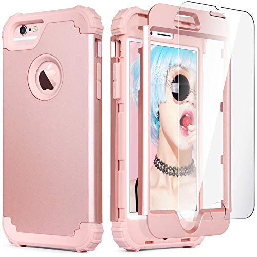IDweel for iPhone 6S Case, for iPhone 6 Case with Tempered Glass Screen Protector, 3 in 1 Heavy Duty Shock Absorption Hard PC Covers Soft Silicone Full Body Protective Case for Women Girls, Rose Gold